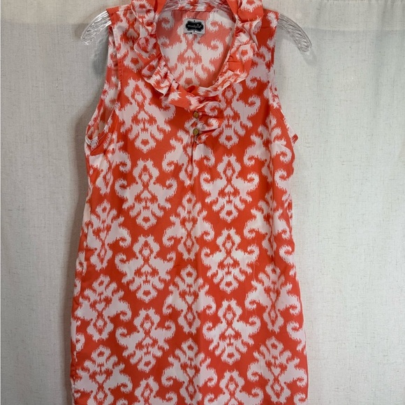 Mud Pie Dresses & Skirts - Mud Pie Orange White Ikat Print Ruffle Neck Sleeveless Shift Dress Size M Casual